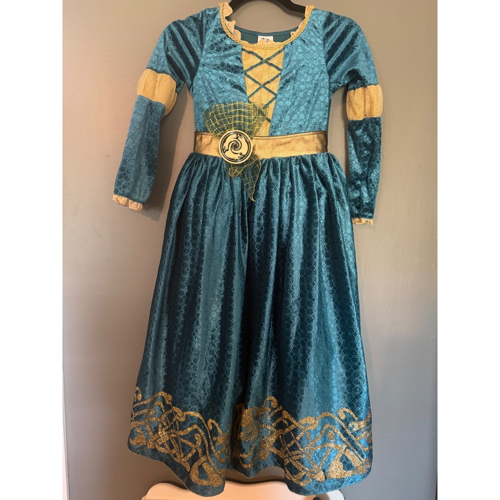 Disney Store Brave Merida Costume Dress Teal Gold Celtic Embroidery Kids 7/8